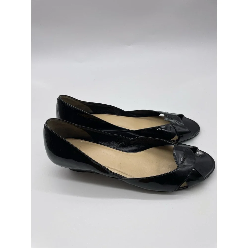 Cole Haan Black Patent Leather Peep-Toe Wedge Flats